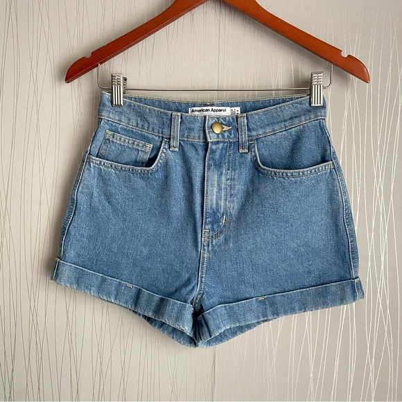 American Apparel High Rise Hi Waisted Denim Cuffed Jean Shorts Summer Wash Blue - Picture 3 of 11